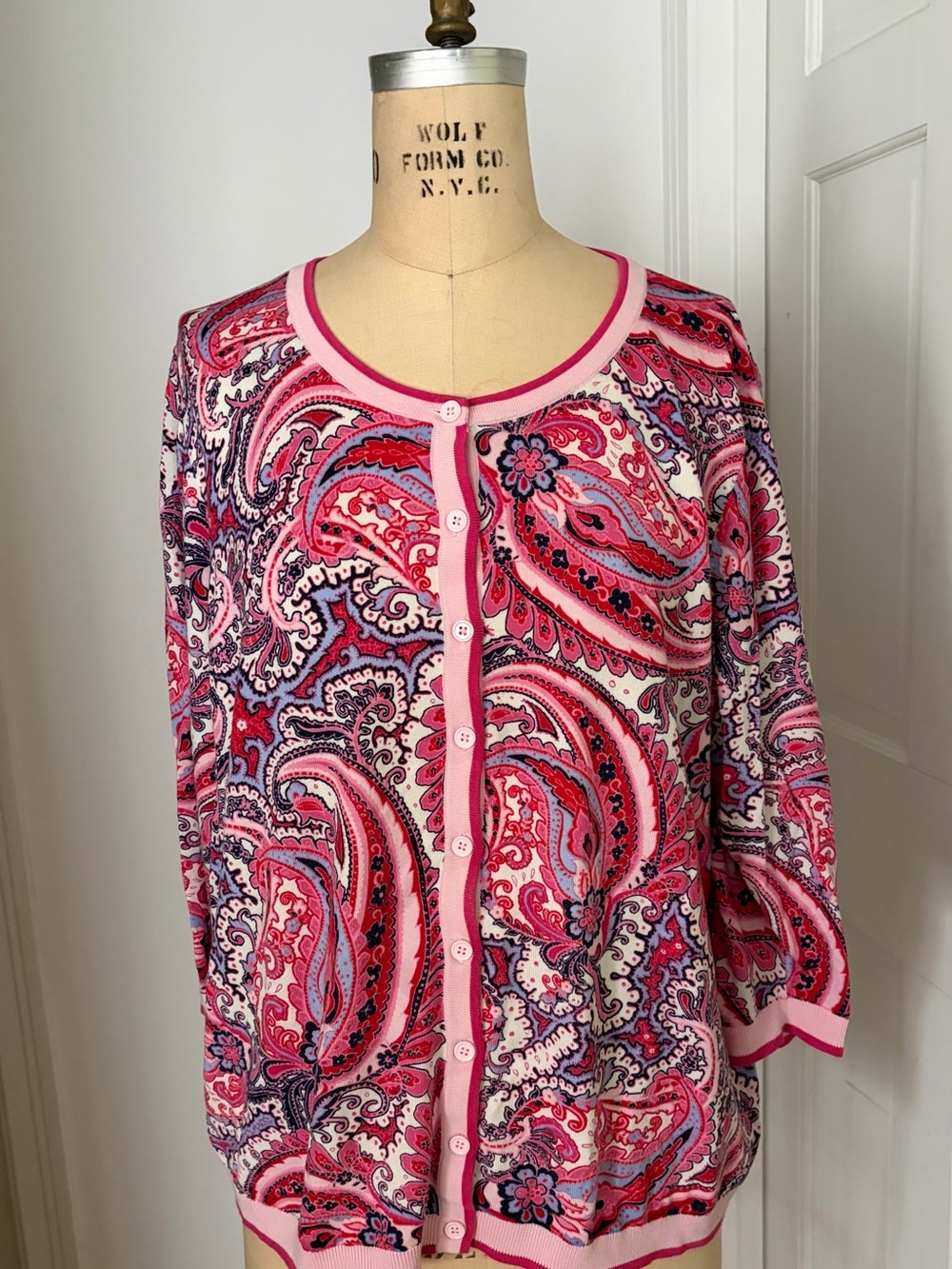 Talbots Cardigan Plus 2X Pink Paisley Super Soft 3/4 Sleeves